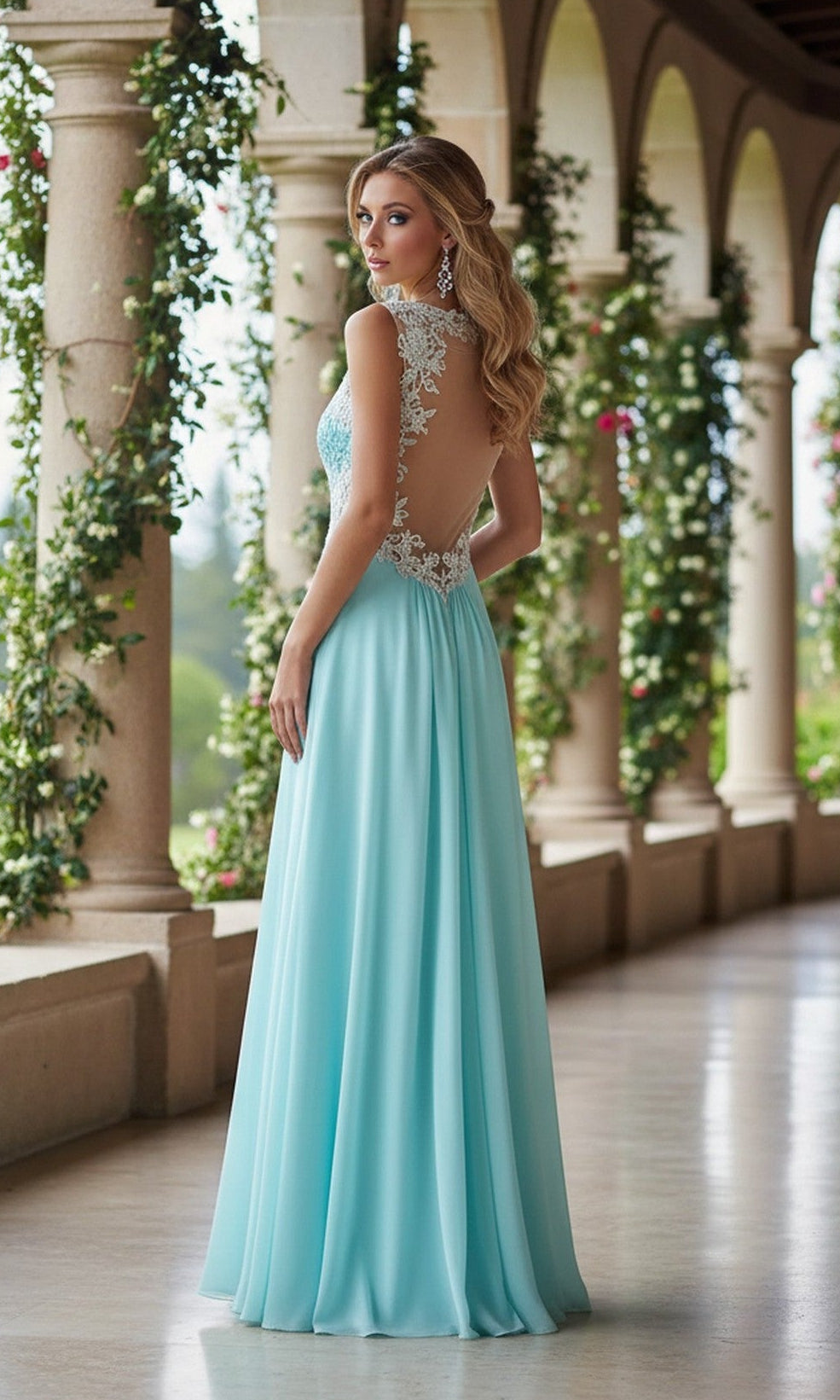 A woman in a long, light blue backless gown with lace details, similar to the Sheer-Back Long A-Line Prom Dress: La Femme 21130, stands on a veranda surrounded by columns and lush greenery.